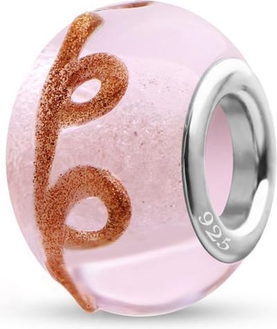 Quiges - 925 - Sterling - zilver - Glazen - Kraal - Bedels - Beads - Roze met Goud Bruine Glitter Slinger - Past op alle bekende merken - Armband GZ121