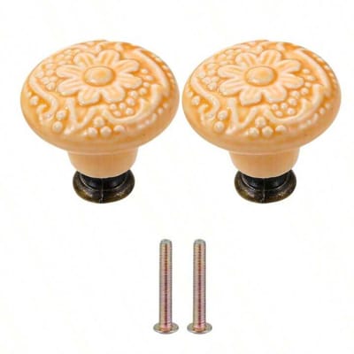 Meubelknoppen Set Oranje Keramiek Rond met Bloem - 2x Kastknop met schroef - Vintage/Antiek handgreep voor deur en lade