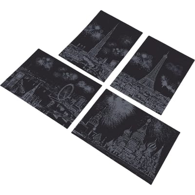 4 Stuks Kraspapier Stads Nachtzicht Gebouw Serie Kleurrijk Kraspapier met Pen voor Knutselen A4 Vuurwerk Moskou A4 gray