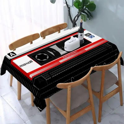 Nappe Rectangle Motif Cassette Audio Décoration Fête de Fête Polyester Géométrique Rétro Nappes Décoration Table de Cuisine Salle à Manger 145x145cm