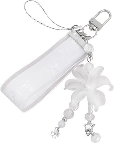 Kralen Ketting - Telefoonhanger Bloem - Tas Decoratie - Mat Iris Bloem Charm - 12 cm - Wit