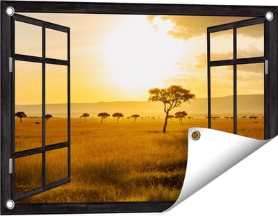 Gards Tuinposter Doorkijk Zonsondergang in de Savanne - 60x40 cm - Tuindoek - Tuindecoratie - Wanddecoratie buiten - Tuinschilderij