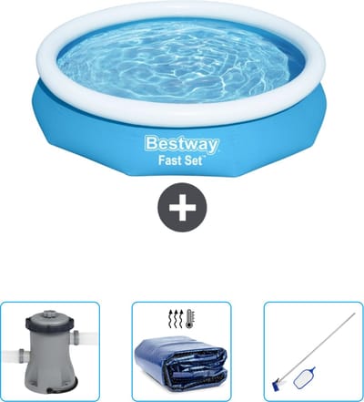 Bestway Rond Opblaasbaar Fast Set Zwembad - 305 x 66 cm - Blauw - Inclusief Pomp - Solarzeil - Schoonmaakset