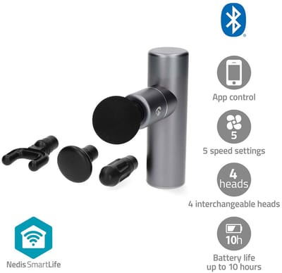 Nedis SmartLife Massage Gun – Draadloos – Mini Massage Pistool – 4 Opzetstukken – Spierherstel & Ontspanning – Oplaadbaar – Met Draag Tasje – Donkergrijs