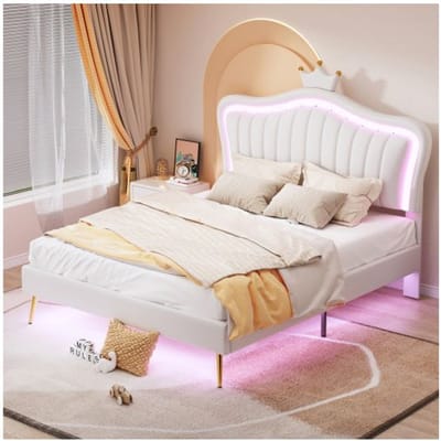 Kinderbed - MUVOE - 140 x 200 cm - Wit PU-leer - LED-verlichting - Schelpvormig design wit