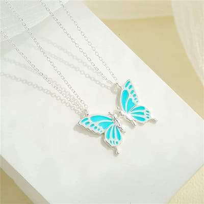 Bixorp Friends BFF Ketting voor 2 met Vlinders - Blauw aan Zilverkleurig Koord - Cadeau voor Haar / Dames / Vriendin / Mama / Vrouwen- Best Friends    voor Twee