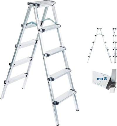 Trapladder 5 treden - Kleine opvouwbare ladder - Huishoudelijke klussen - Compact en robuust - Max 285m werkhoogte - Grijs