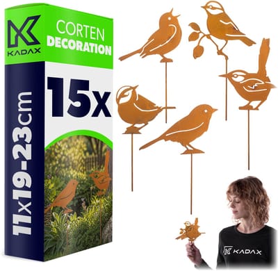 KADAX tuinplug vogels van cortenstaal, set van 15, metalen tuindecoratie in roestlook, roestplug voor tuin, roestvrijstalen tuindecoratie om in te pluggen, bloemenplug