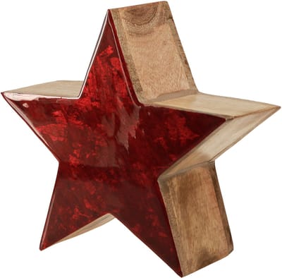 Houten ster naturel rode ster decoratie gemaakt van mangohout Ø24x10cm