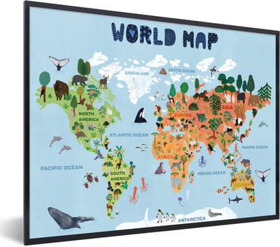 Wereldkaart - Kinderen - Dieren - Bomen - Schoolplaat - Kinderkamer - 80x60 cm