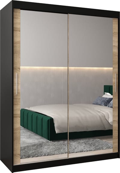 InspireMe - Kledingkast met 2 schuifdeuren, Modern-stijl, Kledingkast met planken (BxHxD): 150x200x62 - TORM III 150 Zwart Mat + Sonoma Eik
