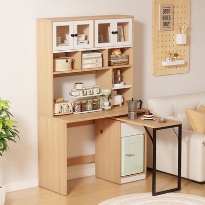 Bureau Met Opbergkast - Computertafel Met Draaibaar Bureau En Boekenkast - Werkbureau Wit-Naturel - 180 Cm