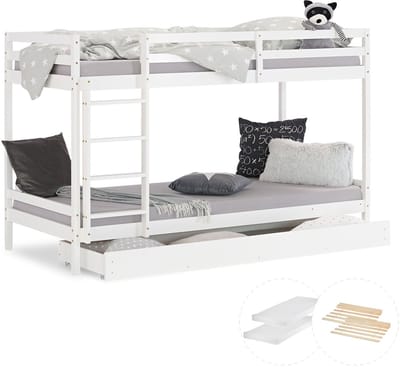Homestyle4u kinderbed - 90x200 cm - kinderhoogslaper - Wit - met lattenbodem en matras