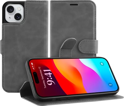 Just in Case hoesje geschikt voor iPhone 15 Plus Hoesje met Pasjeshouder - Premium Bookcase - Grijs