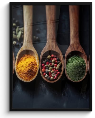 Poster in lijst - Fotolijst 50x70 cm - Posters - Houten - Lepels - Specerijen - Kruiden - Posterlijst zwart - Decoratie - Wanddecoratie woonkamer - Muurdecoratie slaapkamer
