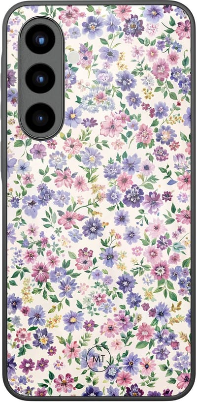 Hoesje geschikt voor Samsung Galaxy A56 - Paarse bloemen - Hard Case Zwart Back Cover - Bloemen - Paars - Mooie Telefoonhoesjes