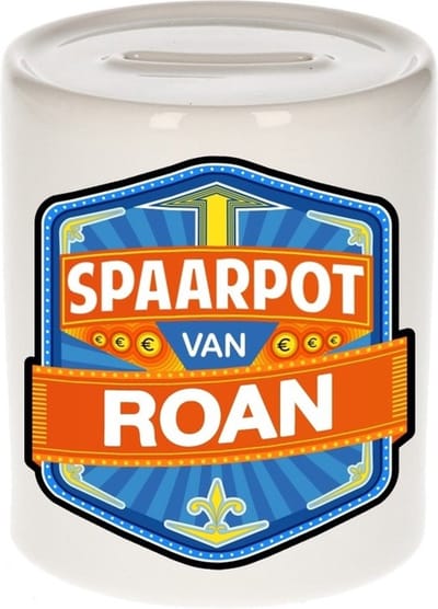 Bellatio Decorations Kinder spaarpot met naam - Roan - keramiek - met dop - wit - Sparen - Spaargeld van Roan