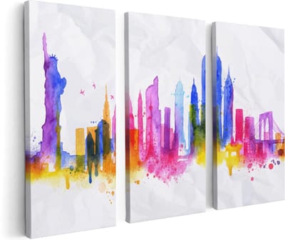 Artaza Canvas Schilderij Drieluik Kleurrijk New York Van Aquarel - Abstract - 120x80 cm - Wanddecoratie Woonkamer - Schilderijen - Muurdecoratie