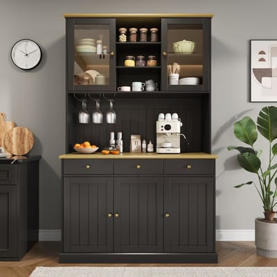Sweiko Dressoir - Keukenkast - Glazen deuren - Met bekerhouders - 3 lades - Oplaadpoorten - Zwart