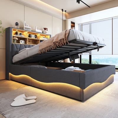 Wishdor Gestoffeerd Bed 140x200 cm – LED met App – Hydraulische Lift Opbergruimte – USB – Metalen Lattenbodem – Linnen – Grijs
