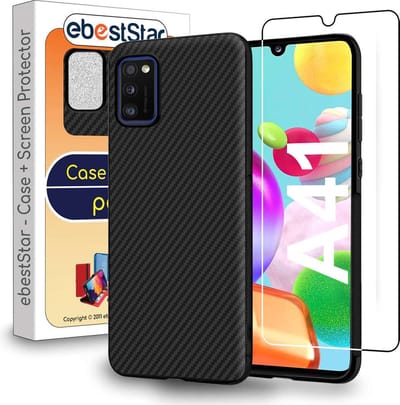 ebestStar - Hoes geschikt voor Samsung Galaxy A41, Hoogwaardig Zacht TPU Bescherming, Koolstof Design Hoesje, Zwart + Gehard Glas