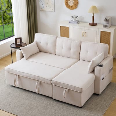 Sweiko Hoekbank - Slaapbank - Opbergruimte - met Bekerhouders - Links/rechts verwisselbaar - Beige