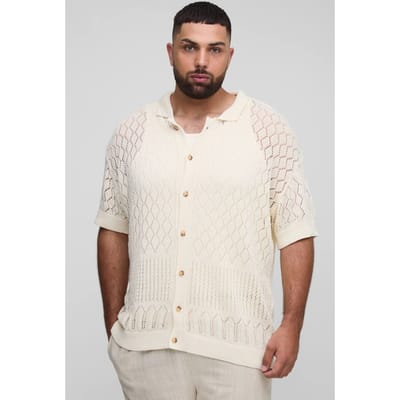 Plus Open Stitch Crochet Ontspannen Poloshirt | Ecru | Size 2XL