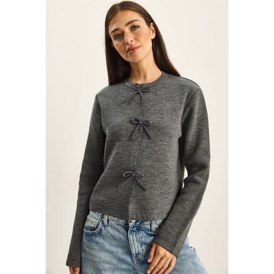 Ronde Hals Gebreide Cardigan met Strikdetail
