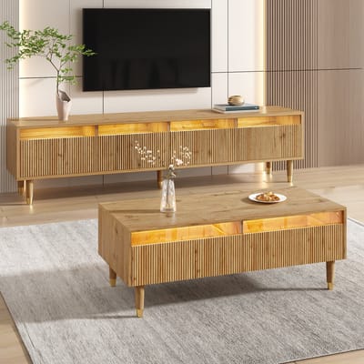 MIVRAY Woonkamerset - Tv Meubel Met 4 Deuren En Salontafel Met 2 Lades - Met LED Verlichting En Golfstructuur - MDF - Houtkleur