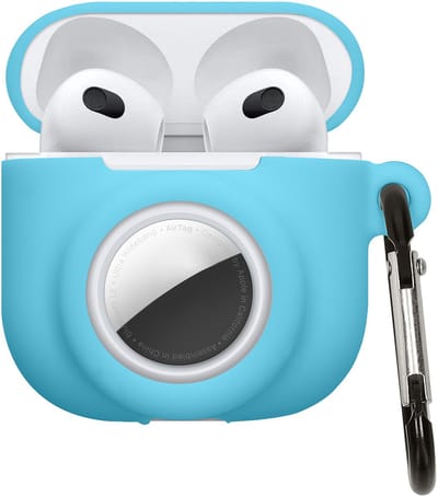 kwmobile oordopjes case geschikt voor Apple Airpods 4 hoesje - Oortjes cover met AirTag houder - In-ear koptelefoon hoes - Silicone in lichtblauw