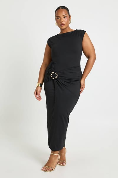 boohoo Dames Plus Geruched Wikkel Gouden Detail Midaxi Jurk | Zwart | Maat: 50