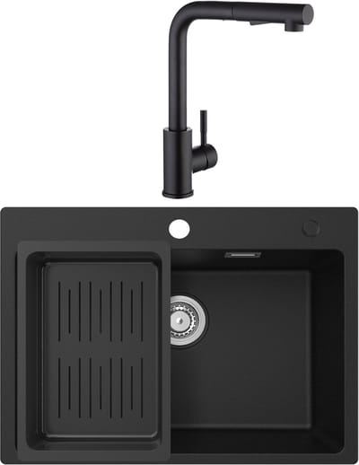CECIPA max Spoelbak voor keuken 60x45cm Antraciet - Granieten Spoelbak Met Keukenkraan - Roestvrij staal - Wasbak met waterafvoersysteem - Granieten spoelbak met afdruip