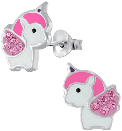 Joy|S - Zilveren baby eenhoorn oorbellen 8 x 10 mm kristal roze unicorn