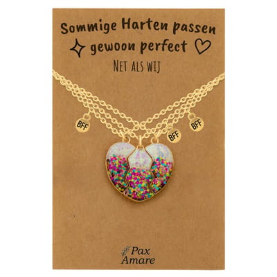 BFF Ketting voor 3 'Sommige harten passen perfect' - Magnetisch Glitter Hartje - Vriendschapsketting op Cadeau Kaartje - 45cm + 5cm verstelbaar - Goudkleurig - Best Friends Hanger - Pax Amare