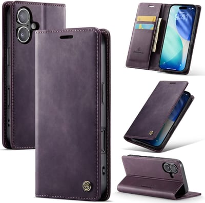 Casemania Hoesje Geschikt voor Apple iPhone 17 - Dark Purple - Luxe Kunstleer Dunne Telefoonhoesje met Pasjeshouder en Standaardfunctie - Slim Wallet Case - Paars