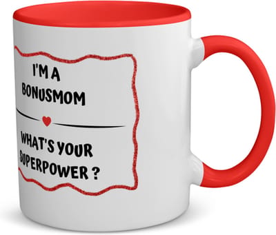 Akyol - i'm a bonusmom what's your superpower? koffiemok - theemok - rood - Mama - super bonusmoeder - moeder cadeautjes - moederdag - verjaardag - geschenk - kado - 350 ML inhoud