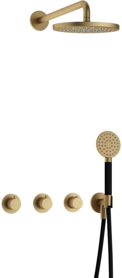 Hotbath Cobber - CB7067 - Inbouw Regendoucheset - Geborsteld Messing - 2 Stopkranen - Thermostatisch - Wandarm 40 cm - Hoofddouche 200 mm - Ronde Handdouche 3 Standen - Waterbesparend