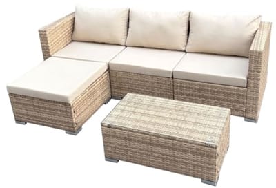 Beige 5-delige polyrottan loungeset met glazen tafel en kussens - tuinmeubelset voor terras en balkon