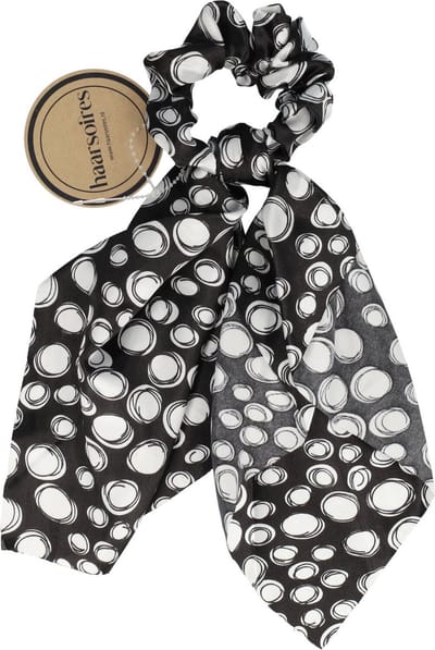 Haarsoires Haarelastiek Scrunchie – Cirkelprint – 25cm Linten – Satijnlook – Wit Zwart - Haarkrinkel - Haar Elastiek met Stof - Zacht & Haarvriendelijk