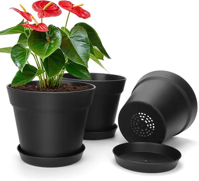 Zwarte Bloempot Set van 3 met Onderzetters - Plantenpot voor Kamerplanten, Bloemen, en Kruiden - 15 cm
