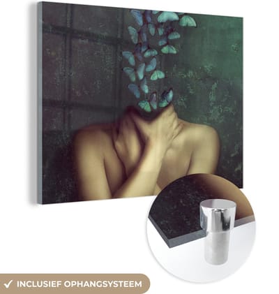 MuchoWow® Glasschilderij 160x120 cm - Schilderij acrylglas - Torso - Stilleven - Vlinders - Blauw - Foto op glas - Muurdecoratie woonkamer - Wanddecoratie slaapkamer - Schilderijen