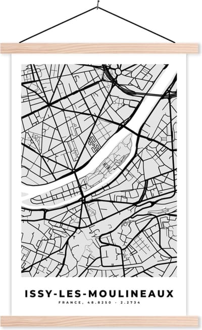 Posterhanger incl. Poster 40x60 cm - Schoolplaat - Issy-les-Moulineaux - Plattegrond - Frankrijk - Kaart - Stadskaart - Textielposter - Blanke latten - Stadskaart