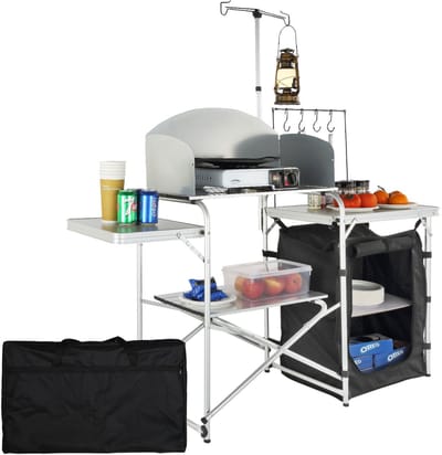 Camping Keukentafel, Opvouwbare Draagbare Kooktafel met 1 Kast, Windscherm En Verstelbare Lampstandaard, Outdoor Barbecue Station met Mdf Werkblad