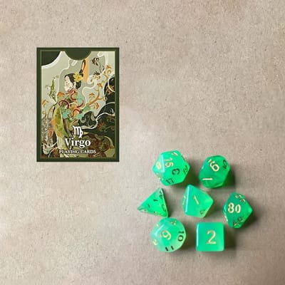 1 Boîte de Cartes à Jouer et Jeu de 7 Dés Motif Vierge Cartes d'Entraînement Coupe Fantaisie Cartes à Cœur Bleu 7 Dés Multicolores Vert Clair et Blanc Virgo black