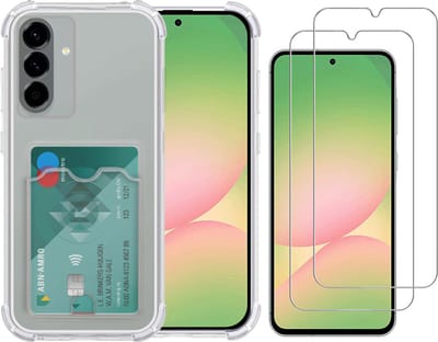 Transparant hoesje met Pasjeshouder geschikt voor Samsung Galaxy A56 - Shock Proof Case Met gehard glas Screenprotectors – 2 Packs