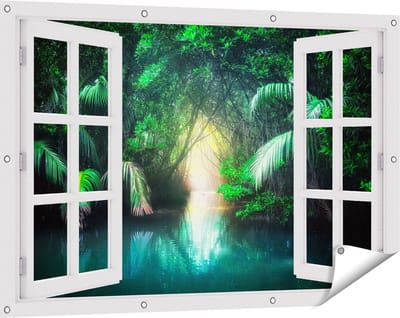 Gards Tuinposter Doorkijk Tropische Jungle met een Turquoise Meer - 120x80 cm - Tuindoek - Tuindecoratie - Wanddecoratie buiten - Tuinschilderij