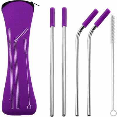 Fako Bijoux® - RVS Rietjes - Herbruikbaar -  4 Stuks - 2 x Recht & 2 x Gebogen - 21 cm - 1 Schoonmaakborsteltje - Neopreen Etui - Paars
