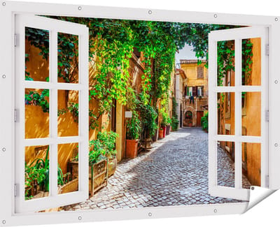 Gards Tuinposter Doorkijk Straatje in Rome met Groene Planten - 180x120 cm - Tuindoek - Tuindecoratie - Wanddecoratie buiten - Tuinschilderij