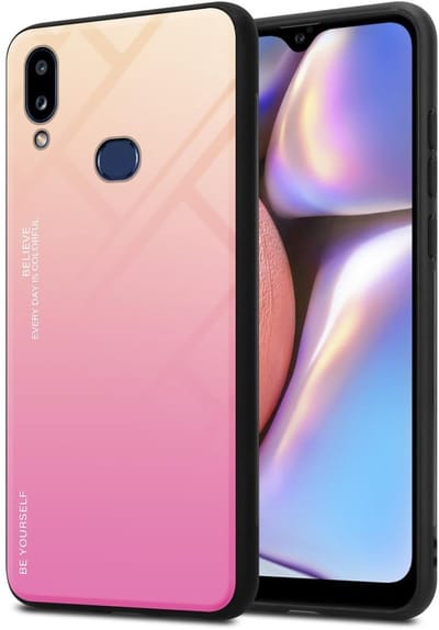 Cadorabo Hoesje geschikt voor Samsung Galaxy A10s / M01s in GEEL - ROZE - Tweekleurige beschermhoes van TPU-silicone Case Cover en achterzijde van gehard glas