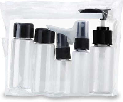 Intirilife Flessenset in ZWART TRANSPARANT - 6-delige set met lege flessen en trechter om bij te vullen, voor op reis, voor monsters enz. TSA goedgekeurde bagage